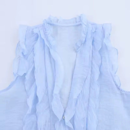Blusa celeste con vuelos Mujer - Blusa Elegante y Femenina
